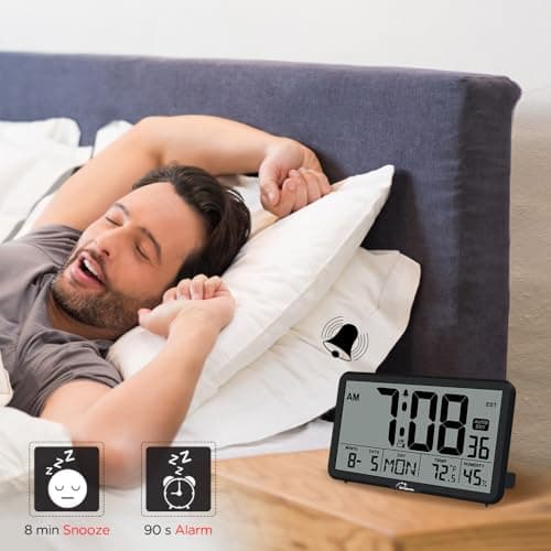 WallarGe Auto Set Digital Wall Clock Battery Operated, Desk Clocks with Temperature, Humidity and Date, Large Display Digital Calendar Alarm Clock for Elderly, Bedroom, Office, 8 Time Zone, Auto DST. 6