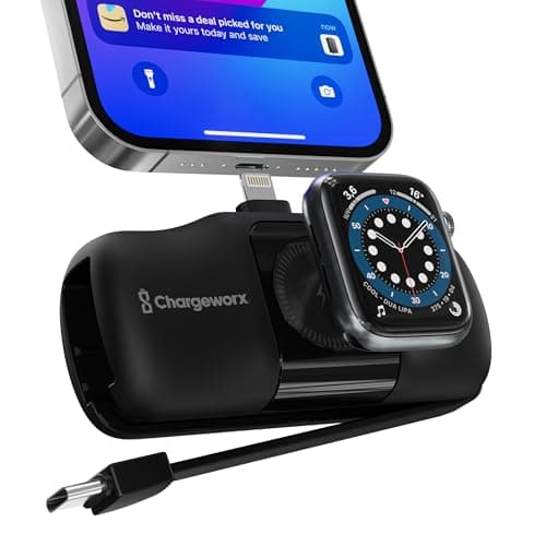 CHARGEWORX 3-in-1 Portable Power-Bank Charger for iPhones, Hidden USB-C Cord and Smartwatch Charging Pad, Travel Power Bank with 5,000 mAh Battery and Fast Charging, LED Battery Indicator, Black