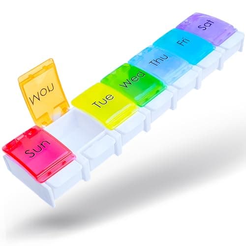 RMS Weekly and Daily Pill Organizer - 7 Day Pill Planner, Dispenser Case for Medicines, Vitamin Supplements with Easy Press Open Design and Large Capacity (Once Per Day)