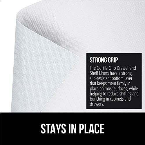 GORILLA GRIP DripGuard Shelf Liner, Non-Adhesive Drawer and Kitchen Cabinet Protector, Strong Grip Slip Resistant Underside, Smooth Surface Liners for Cabinets, Bathrooms, Closets, 12x120 Inch, White 3