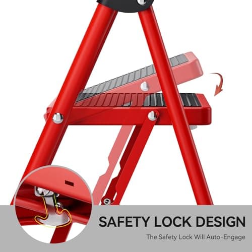 KINGRACK Step Ladder, Folding Ladder with Non-Slip and Wide Pedal, Small Ladders with Handle, Heavy Duty Steel Ladder, Lightweight Step Ladder (Red, 4 Step Ladder) 4