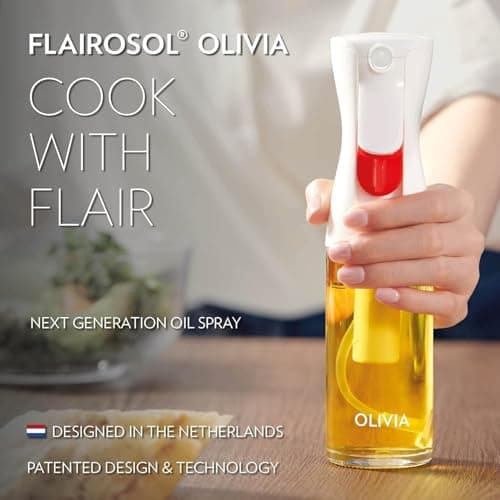 FLAIROSOL OLIVIA. The Original Advanced Oil Sprayer for Cooking, Kitchen, Salads, BBQs, Continuous Spray with Portion Control, 130ml Glass Olive Oil Sprayer(White Print) 8