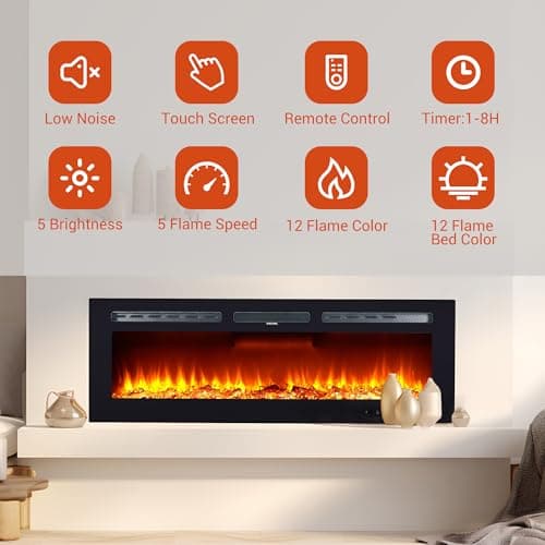 LuyFuitre 50" Electric Fireplace Wall Mounted, Recessed Wall Fireplace Electric with Remote Control & Touch Screen, Ultra Thin Electric Fireplace Heater, Adjustable 12 Flame Colors 5 Speed, 750/1500W 5