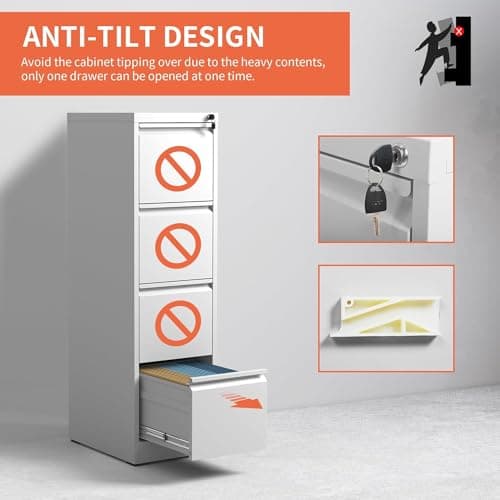 BIZOEIRON 4 Drawer Vertical File Cabinet for Home Office, Tall Metal Filing Cabinet with Lock for Legal/Letter Size Hanging File Folders, Anti-Tipping, Assembly Required (White) 5