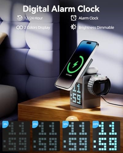Vivilumens 3-in-1 Wireless Charging Station with Bluetooth Speaker, Digital Alarm Clock, Pixel Display for MagSafe iPhone 17/16/15, Apple Watch, AirPods, Fast Charging, Compact Desk Organizer 6