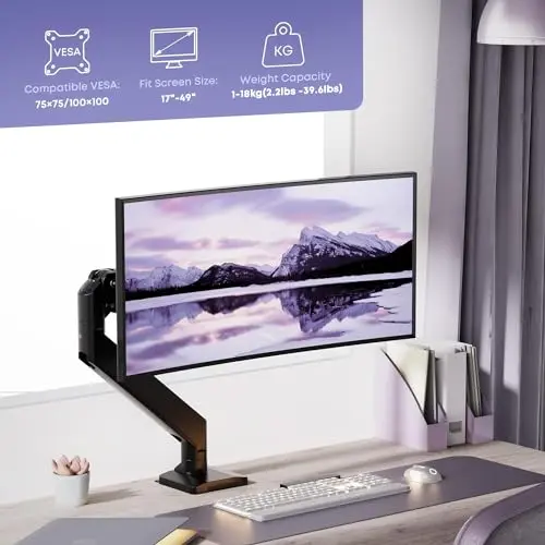 Heavy Duty Monitor Arm for Ultrawide Screens up to 49 inch and 39.6lbs, Premium Aluminum Single Desk Mount Stand with Gas Spring, VESA 75x75/100x100 2