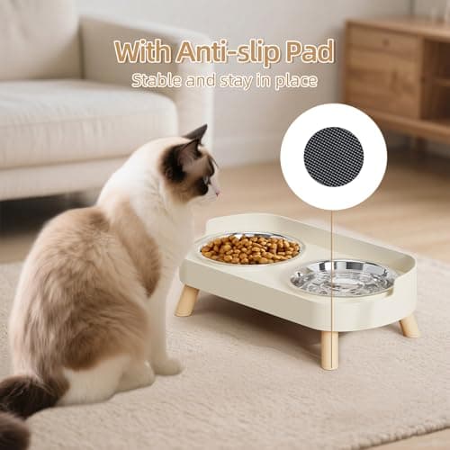 Elevated Cat Bowl, Raised Cat Food and Water Bowl Set for Indoor Cats, Splash Proof with 2 Stainless Steel Pet Food Bowls for Cats and Puppies, Whisker Fatigue and Dishwasher Safe - White 5