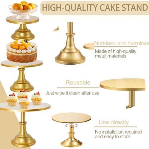 Vorriop 3 Set Gold Cake Stand，Display Plate Dessert Cupcake Pastry Candy for Party，Elegant Round Cylinder Columns tables for Weddings Cake Stands，Birthday Party 4