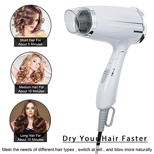 Travel Hair Dryer Folding Hair Blow Dryer Compact Travel Blow Dryer Portabel Small Hair Dryer Heat Settings Lightweight Mini 8x7inch Low Noise (White) 5