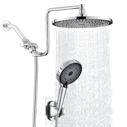 10" Rainfall Shower Head with Handheld Combo, Upgrade 12" Extension Arm Height Adjustable, 3-Way High Pressure Spray, Shower Holder Extra Long Hose, Chrome