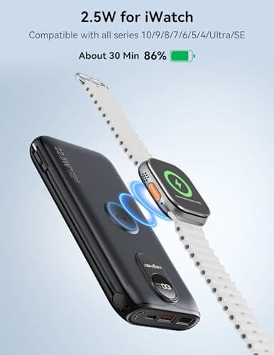 Portable Charger, 10000mAh 22.5W Fast Charging Power Bank with Built in Cable & Wall Plug, Travel Essential Battery Pack with LED Display, External Charger for iPhone 17/16, iWatch 11/10/9/8/Ultra/SE 6