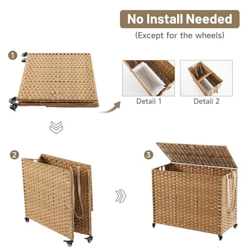 Laundry Hamper with Wheels, 52.8 Gallon(200L) Rolling Laundry Basket with Lid, 3-Section Rattan Clothes Hamper with 3 Removable Liner & 3 Mesh Bags, Laundry Sorter with Side Pocket, Natural 7