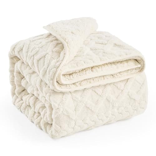 Immtree Weighted Blanket for Adults Queen Size 15lbs, Dual Sided Soft Fuzzy Jacquard Sherpa Weighted Blankets for Sleeping, Cozy Fluffy Knitted Heavy Blanket for Couch Bed, Cream White, 60 × 80 inches