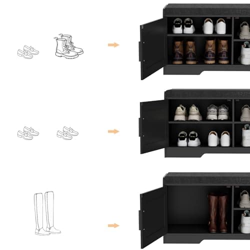 Homleke 2-Tier Storage Bench, Shoe Bench with Thickened Padded Seat Cushion, Entryway Bench with 2 Doors, Adjustable Shelf, 13.8" D x 37.4" W x 18.5" H, for Entryway, Living Room, Bedroom, Black 6