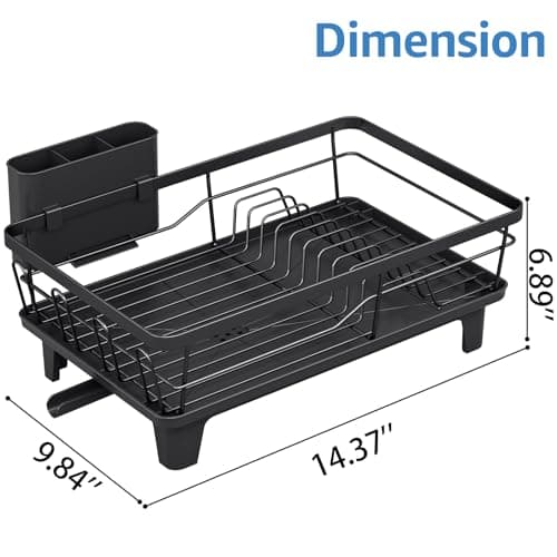 Urackify Compact Dish Drainer for Kitchen Counter - Expandable Large Capacity Drying Rack with Removable Cutlery Holder, Anti-Rust Plate Rack, Non-Slip Feet, Small Sink Drainer for Apartments, Black 6