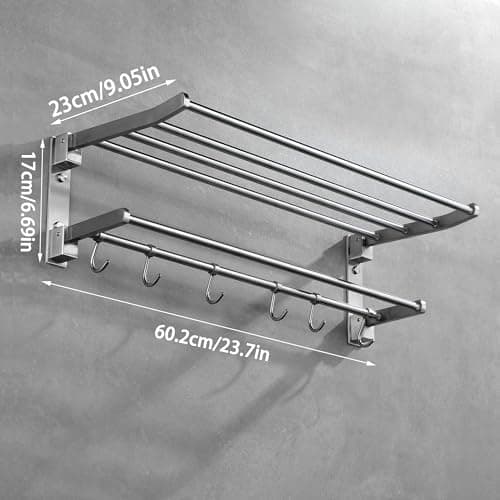 Taozun 24-Inch Towel Rack for Bathroom, Stainless Steel Bathroom Towel Shelf with Towel Bar, Hotel Towel Rack Wall Mounted with Hooks, Foldable Brushed Towel Holder 5