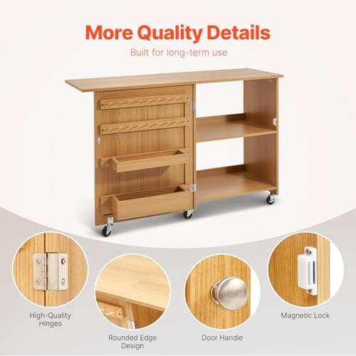 VEVOR Folding Sewing Table, Multipurpose Sewing Machine Table with Compact Design, Wheels, Shelves, Storage Trays, Wooden Pegs, and Magnetic Doors, Sewing Desk Cabinet for Sewing Machine, Wood Color 6