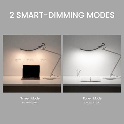 BenQ e-Reading Desk Lamp - Ultrawide and Bright Lighting, Dimmable, Dual Smart Mode, Adjustable Arm, Auto-dimming, High CRI, Eye-Caring Lamp for Home Office, Reading, Study, Craft, Matte Silver 3