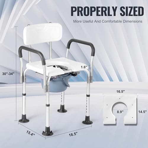 Rengue Bedside Commode, Heavy Duty Padded Drop Arm Commode Chair for Toilet Porta Potty for Adult and Seniors, Height Adjustable Bedside Toilet with Removable Pail, White 6