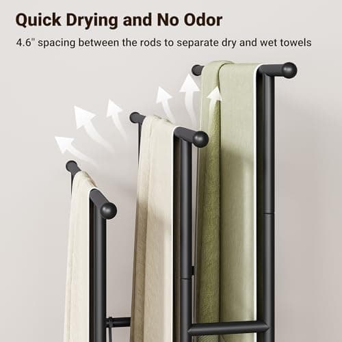 ELYKEN 3 Tier Standing Towel Rack, 40'' Tall Towel Drying Rack Outdoor, Freestanding Floor Towel Rack with Shelf, Pool Towel Blanket Stand, Metal Towel Racks for Bathroom freestanding, Matte Black 6