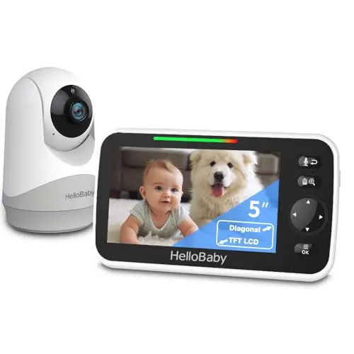 HelloBaby Monitor with Camera and Audio, 5'' Screen with 16-Hour Video Streaming, Remote Pan-Tilt-Zoom Camera, Two-Way Talk, VOX Mode, Auto-Night Vision, Range up to 960ft and No WiFi