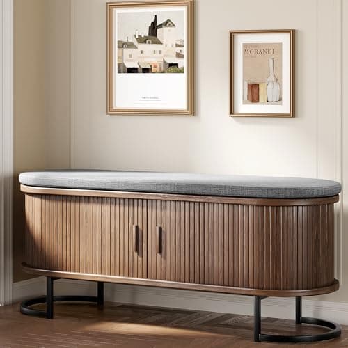 Decofy 47.2'' Entryway Storage Bench Seat with Sliding Door, Large Shoe Bench with Sturdy Metal Feet & Soft Cushion, Multi-Scene Use for Entrance, Bedroom & Living Room（Walnut）