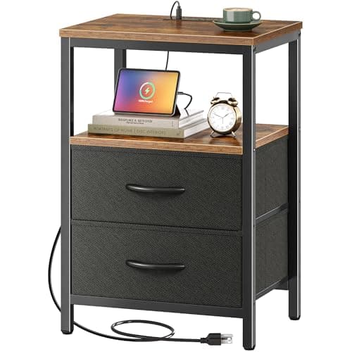 Huuger Nightstand with Charging Station, Side Table with Fabric Drawers, End Table with Open Shelf, Bedside Table with USB Ports and Outlets, Night Stand for Bedroom, Rustic Brown and Black