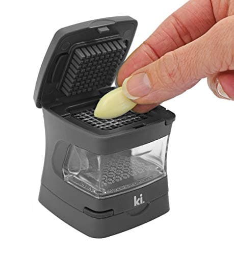 Kitchen Innovations Garlic-A-Peel Garlic Press, Crusher, Cutter, Mincer, and Storage Container - Includes Silicone Garlic Peeler - Easy to Clean - Stainless Steel Blades – (Grey), standard 7