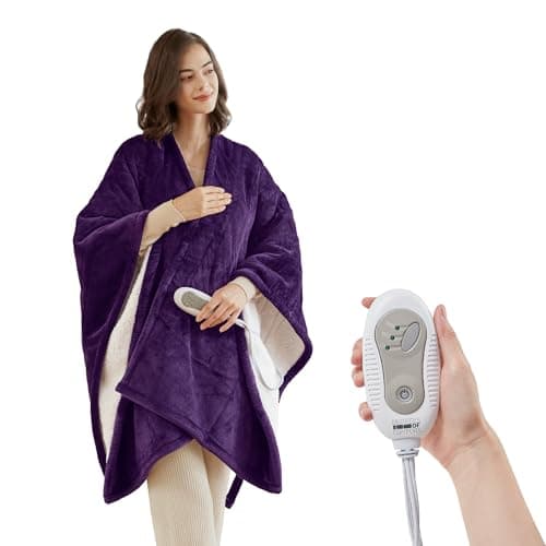 Degrees of Comfort Heated Sherpa Wrap Shawl, Cozy Winter Electric Blanket Throw, for Grandma Mom Women, Washable, Auto Shut-Off, Reversible 50 x 64 Inch, Purple