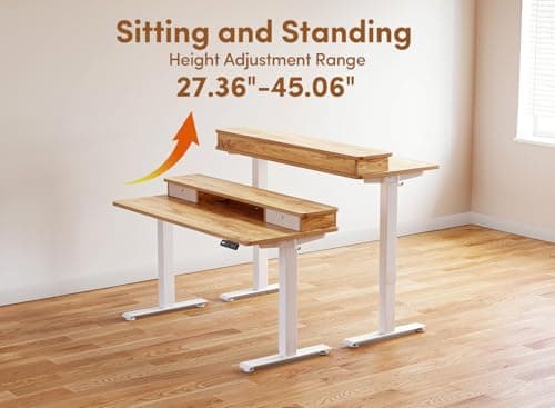 BANTI 48x24 Inch Electric Standing Desk with Dual Drawers, Height Adjustable Stand Up Table, Sit Stand Home Office Desk with Storage Shelf, White Frame/Light Rustic Brown Top 8