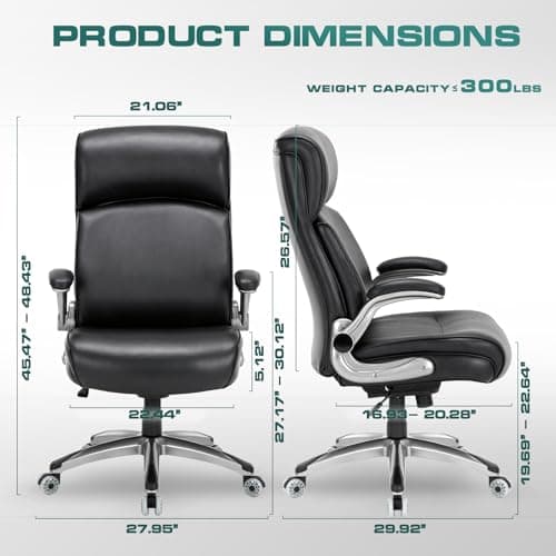 COLAMY High Back Office Chair Big and Tall 300lbs, Ergonomic Desk Armchair with Adjusatble Lumbar Support, Upgraded Casters, Flip-Up Padded Arms, Leather Home Chair with Thick Cushion-Black 3