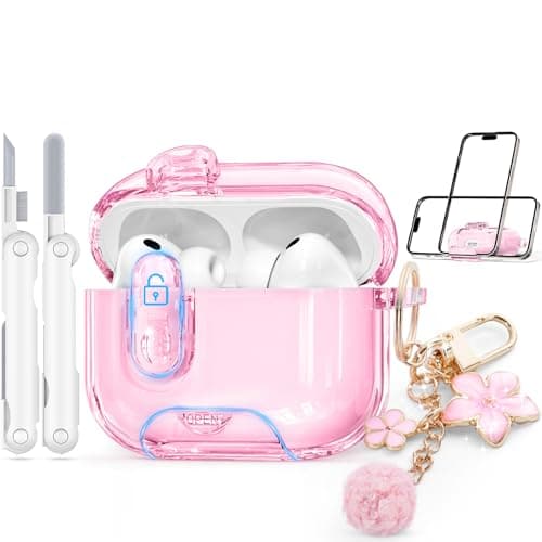 Clear Case for AirPods Pro 3 Case Cover with Safety Lock,Soft TPU Cover with Phone Stand & Cleaning Kit,Cute Bling Keychain for Women Girls-Clear Pink