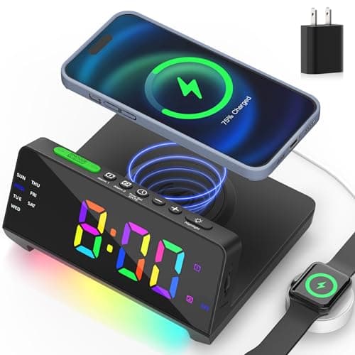 Wireless Charging Alarm Clock Station - Dual USB-C Ports, Dual Alarm, Night Light, Full Dimmable Display, Calendar, Snooze, Perfect for Heavy Sleepers & Teens