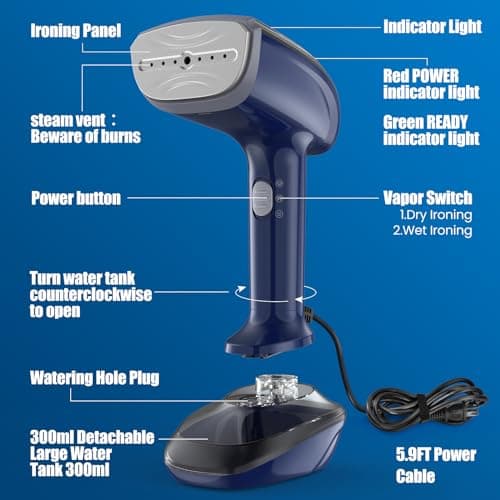 Powerful Handheld Fabric Steamer - 1800W with Fast Ceramic Heat-Up Plate, 2-in-1 Ironing & Wrinkle Remover, Steam Nozzle, Lint Brush - Blue, for US 120V Only 6