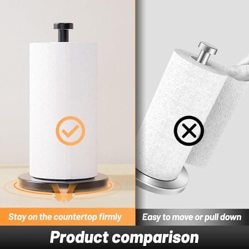 VEHHE Black Paper Towel Holder Countertop, Stainless Steel Paper Towel Holder Stand with Weighted Base Suction Cups for Kitchen Bathroom 6