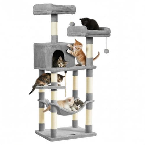 Feandrea Cat Tree, 56.3-Inch Cat Tower, Multi-Level Plush Condo with 11 Scratching Posts, 2 Perches, Hammock, Cave, Light Gray UPCT15W