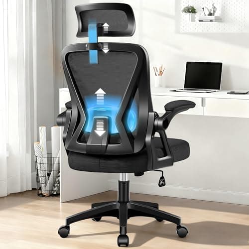 Ergonomic Office Chair, Home Office Desk Chair with Headrest, High Back Mesh Chair with Flip-up Armrests, Comfy Desk Chair with Lumbar Support, Rolling Swivel Task Computer Chair for Home Office