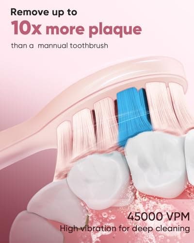 MySmile DY156 Electric Toothbrush for Adults, Rechargeable Sonic Battery Toothbrush Portable with 3 Brush Heads, 2 Mins 5 Modes Smart Timer, 45000VPM, One Charge for 60 Days - Pink 3