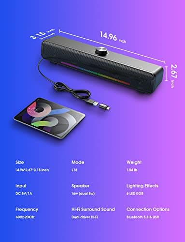NOOTRY Computer Speakers, Bluetooth RGB Laptop SoundBar, 16W Dual HiFi Stereo with 6 LED Color Mode Soundbar, USB Powered Computer Speakers for Monitor, Phone, PC, Laptop 7