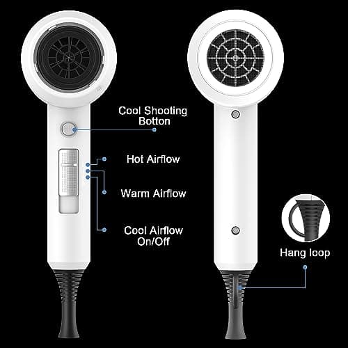Slopehill Professional Ionic Hair Dryer, Powerful 1800W Fast Drying Low Noise Blow Dryer with 2 Concentrator Nozzle 1 Diffuser Attachments for Home Salon Travel (White) 4