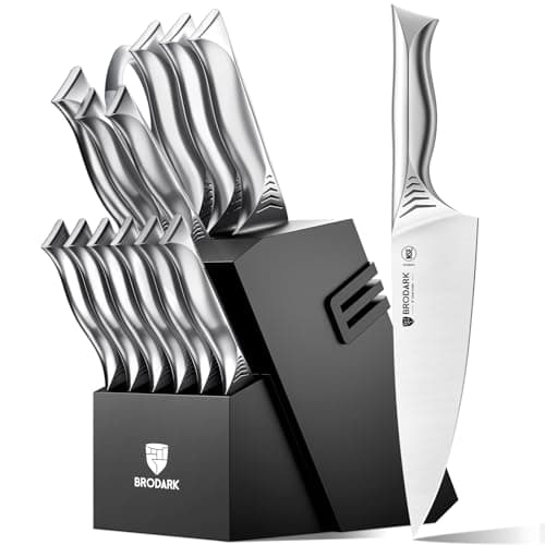 BRODARK Kitchen Knife Set with Block, 15-Piece Knife Block Set with Built-in Sharpener, Stainless Steel Knives Set for Kitchen, NSF Certified Kitchen Knives, Shark Series
