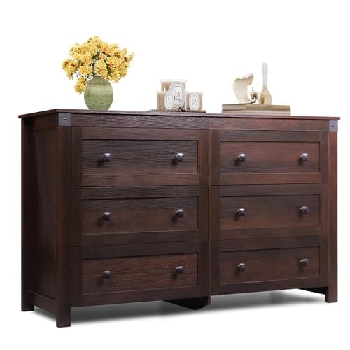WLIVE Farmhouse 6 Drawer Dresser for Bedroom, 53.07'' Wide Wood Dresser, Storage Organizer with Double Rustic Handle, TV Stand for 60 inch TV, Chest of Drawers for Living Room, Hallway, Brown