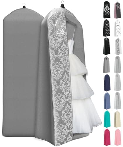 Your Bags Wedding Dress Garment Bag – 72" Garment Bags for Hanging Clothes with 20" Gusset for Puffy Gowns – Durable Cover for Travel or Storage – Rip-Resistant with ID Window - Grey/White Damask