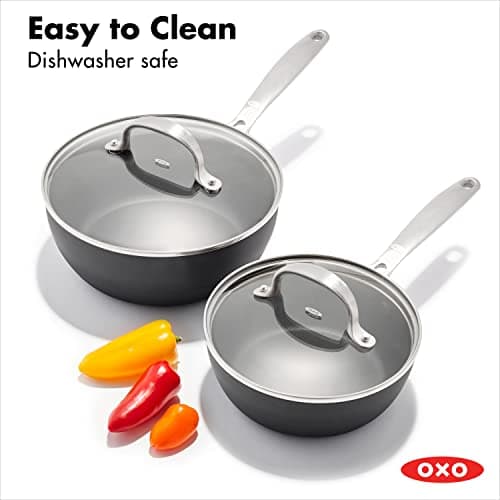 OXO Good Grips Pro 1QT and 2QT Saucepan Pot Set with Lids, 3-Layered German Engineered Nonstick Coating, Stainless Steel Handles, Black 6