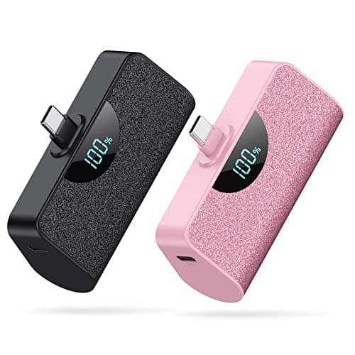[2 Pack]Mini Portable Charger USB-C Power Bank 5200mAh,LCD Display PD Fast Charging Battery Pack Backup Charger for iPhone 17/17 Pro/17 Pro Max/16/16 Plus/16 Pro/15 Series,Samsung,Android-Black+Pink