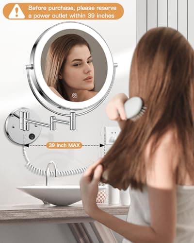 Gospire 9” Wall Mounted Lighted Magnifying Mirror, 1X/10X Magnification Double-Sided LED Bathroom Mirror, 3 Color Lights & Stepless Dimming with Touch Sensor, Extendable Arm 360° Swivel for Shaving 7