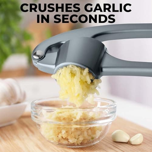 Zulay Kitchen Large Premium Garlic Press Set - Bigger Bowl for Bigger Garlic - Rust Proof Garlic Mincer Tool - Easy-Squeeze, Easy-Clean Silicone Garlic Peeler & Brush (Slate) 5