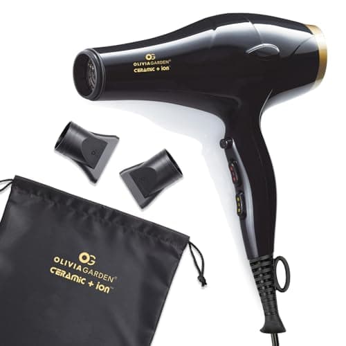 Olivia Garden 1875W Ceramic + Ion Professional Hair Dryer for Men and Women - Fast Drying Blow Dryer - Powerful Ionic Generator - 3 Heat Settings - with 2 Nozzles and Storage Bag - (Black/Gold)