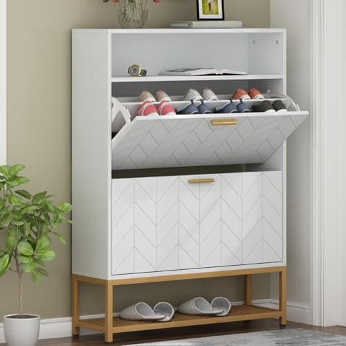 Loomie Shoe Cabinet, Free Standing Tipping Bucket Shoe Rack Organizer with 2 Flip Drawers,Entryway Narrow Shoe Storage with Storage Shelf & Top Cubby,Modern Slim Hidden Shoe Cabinet with Doors, White