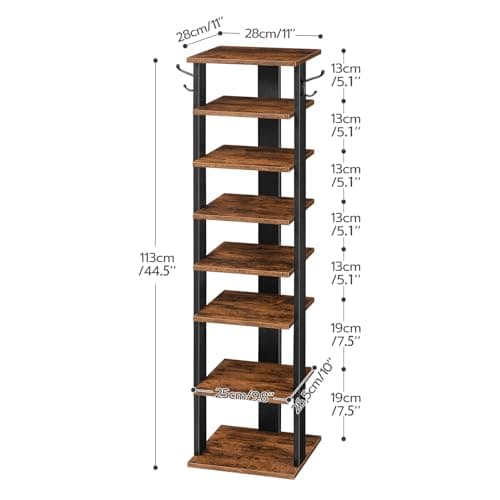 HOOBRO 8 Tiers Vertical Shoe Rack, Wooden Shoe Storage Organizer with Hooks, Narrow Shoe Tower for 8 Pairs, Space Saving, for Entryway, Living Room, Bedroom, Rustic Brown BF07XJ01G1 6